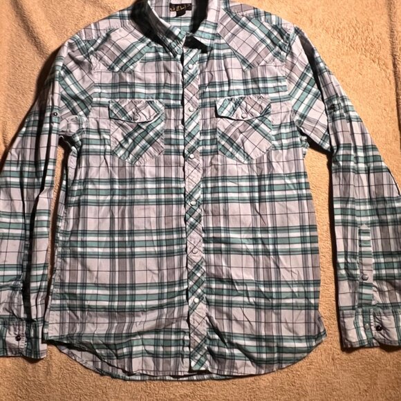Helix‎ Men Large Gray Green Plaid Long Sleeve Button Down Pearl Snap (L) - Picture 1 of 7